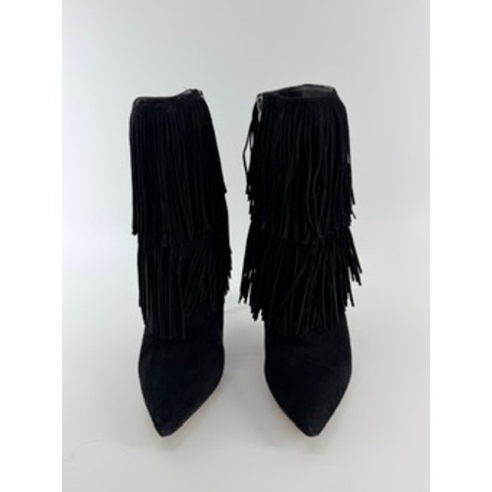 Sam Edelman Black Suede Fringe Ankle Boots Pointed Toe Booties Womens 8.5 m